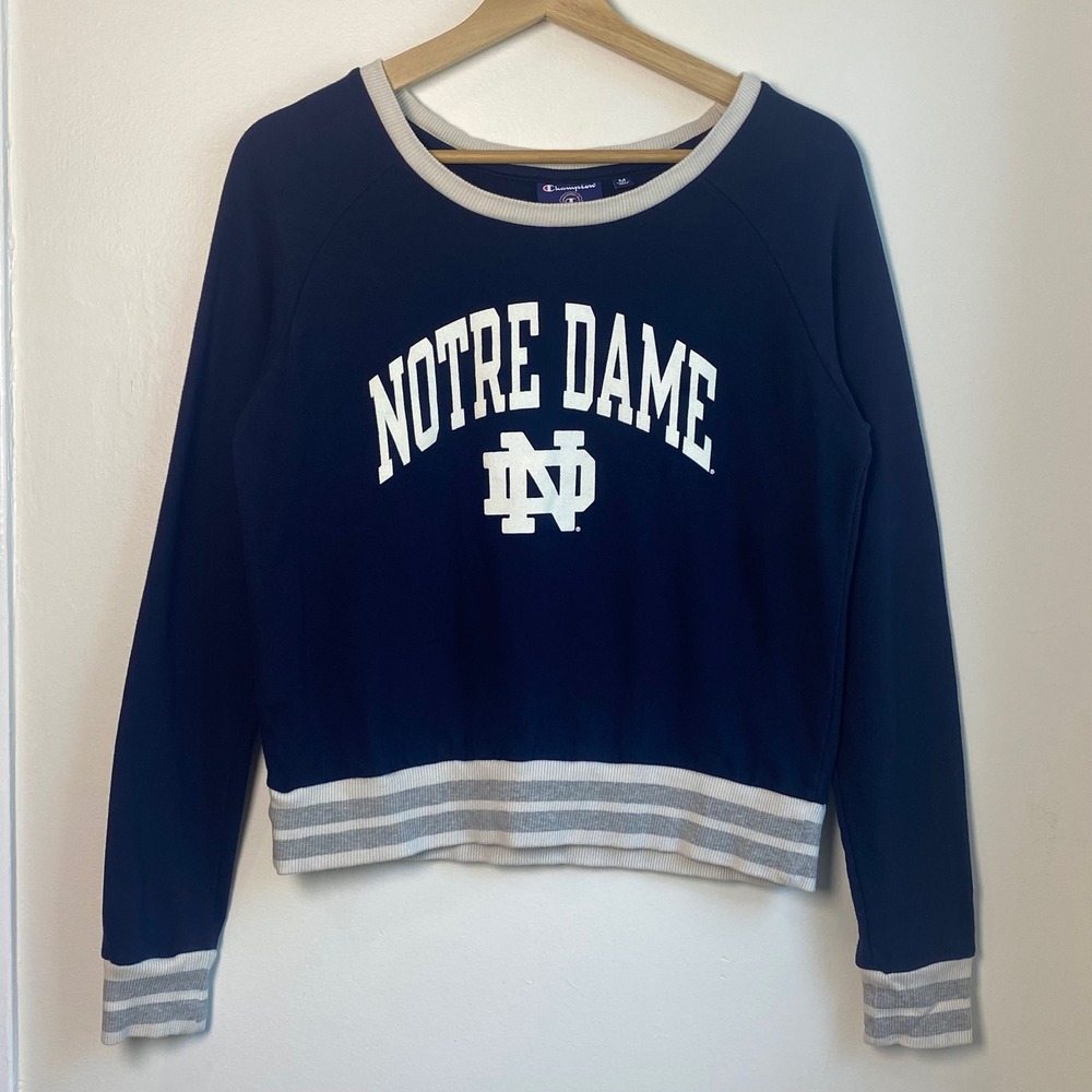 Champion Notre Dame Sweatshirt Womens Medium Navy Blue Striped Trim Preppy